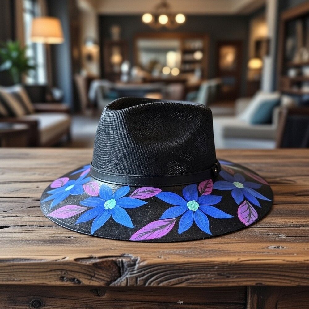 Custom Hand Painted Fedora Hat Black And Blue Painted In Detail Unisex Size M